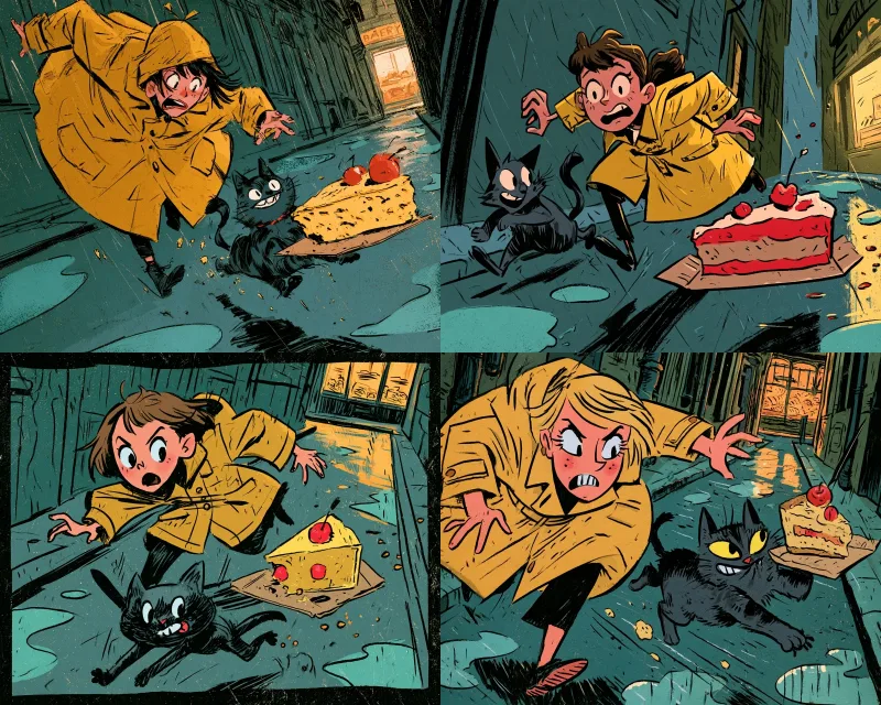 A comic-style illustration with a surreal, vintage aesthetic featuring neon-like color highlights and a stylized, exaggerated character design in a rainy urban setting.