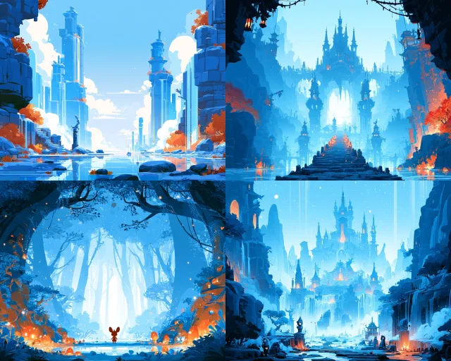 A stylized fantasy landscape with glowing blue and orange hues, featuring impossible architecture and dreamlike scenes.