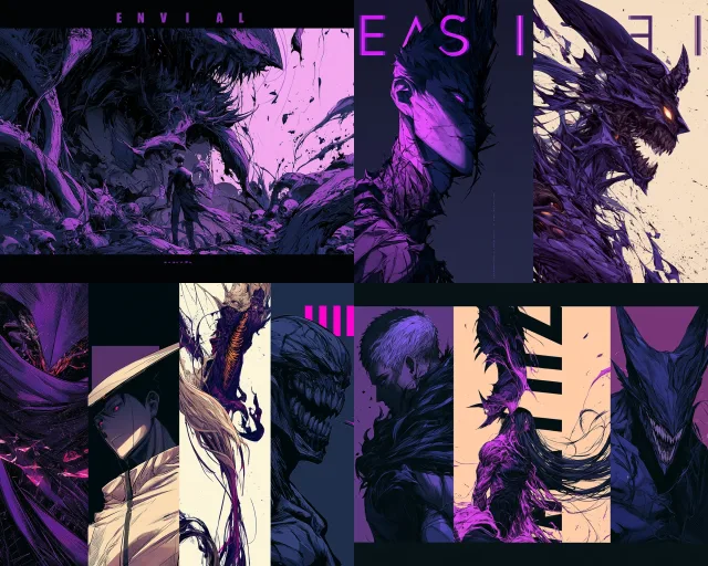 A collage of stylized, purple-hued fantasy characters and monsters with neon accents and surreal, dramatic compositions.