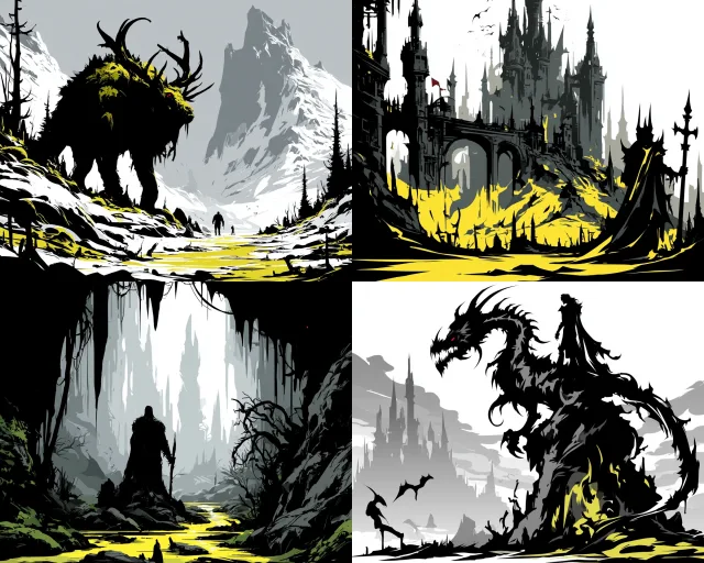 A stylized fantasy illustration with high-contrast black-and-white silhouettes accented by neon yellow, featuring mythical creatures and gothic architecture in sparse, dreamlike compositions.