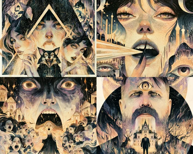 A collage of four illustrated panels featuring dreamlike, fantastical scenes with human faces and impossible imagery, rendered in a stylized, painterly digital illustration style with rich color and detailed textures.