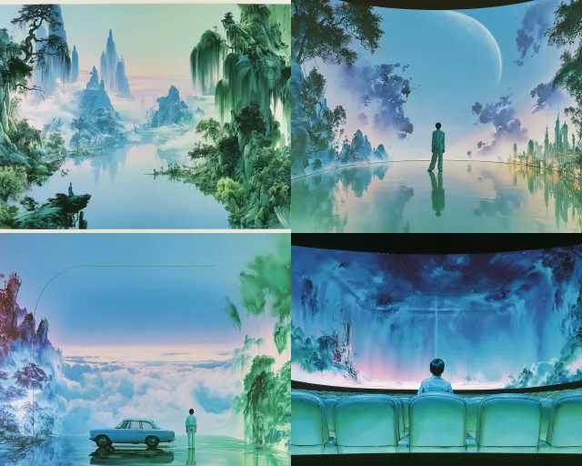 A surreal, neon-lit illustration featuring a lone figure in a futuristic, dreamlike landscape with floating islands, a giant moon, and a vintage car on a reflective surface, rendered with sparse composition and glowing colors.