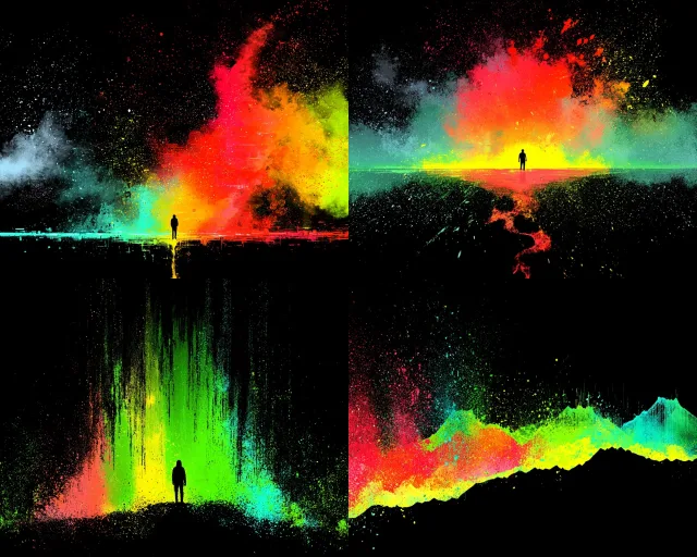 A surreal, neon-lit illustration of a lone figure standing on a cliff edge against a vibrant, abstract explosion of color and dark voids, with sparse composition and glowing luminous effects.