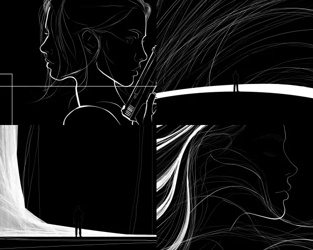 A black-and-white line art illustration featuring fragmented portrait views of a woman with flowing hair and abstract, surreal elements including silhouetted figures on curved planes.