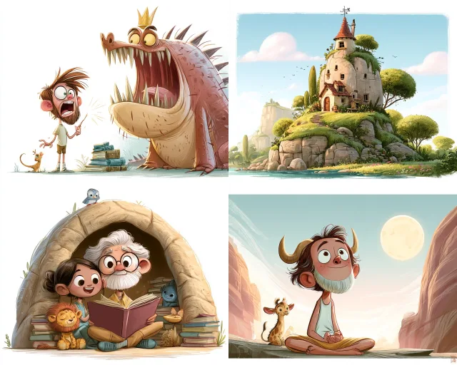 Four whimsical cartoon panels featuring fantasy creatures and dreamlike scenes with sparse composition and human faces as central subjects.