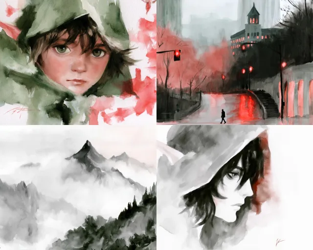 Four watercolor panels featuring soft washes, sparse compositions, and muted tones with occasional red accents, centered on human portraits and landscapes.