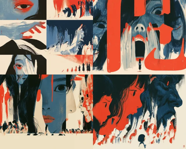 A collage of stylized human faces and surreal scenes with bold red and blue colors, featuring graphic illustration techniques and neon-like luminosity.