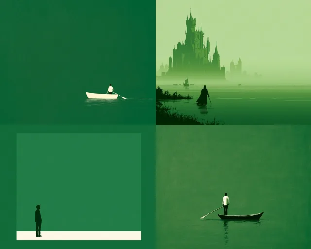 A stylized illustration with a monochromatic green palette, featuring sparse composition and fantasy elements like a castle and boat silhouettes against misty water.