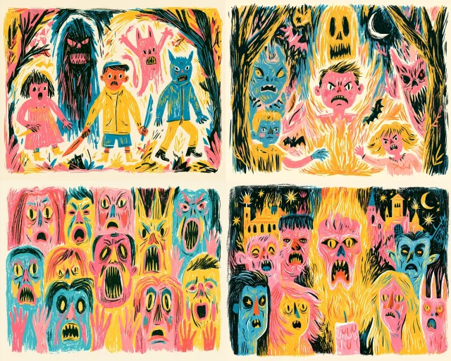 Vibrant, stylized illustrations depict fantastical creatures and children in eerie, colorful scenes with glowing neon hues and dreamlike, impossible compositions.