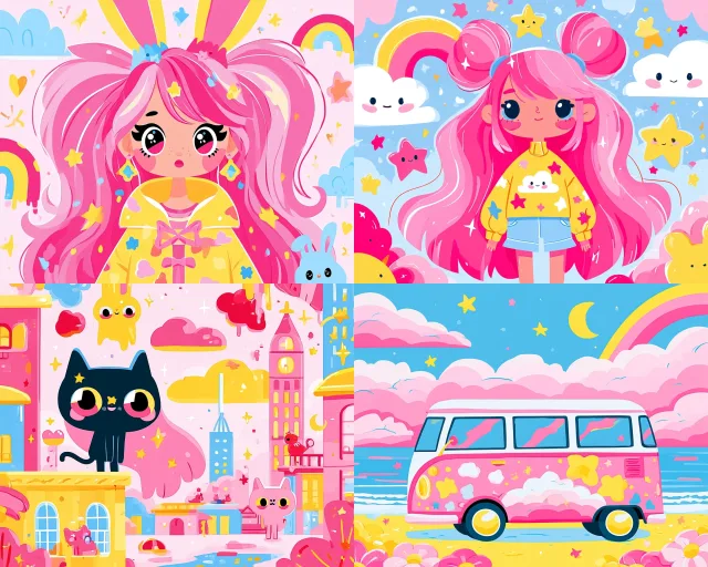 A vibrant, cartoon-style illustration featuring pink-haired characters, magical creatures, and a whimsical van in a dreamlike, neon-colored world.