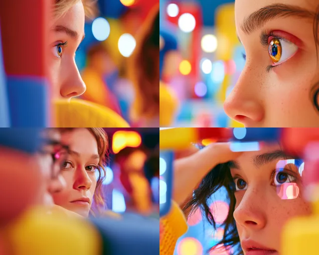A stylized illustration of four close-up portraits with glowing neon lights and dreamlike, hyper-realistic details.