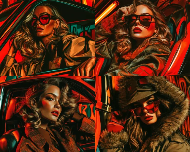 A stylized illustration of a woman in a car with bold red and orange neon lighting and retro fashion elements.