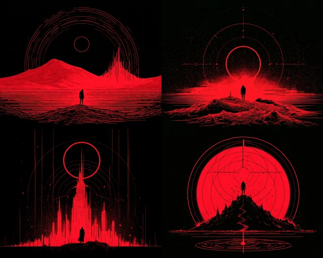 Four red-lit panels depict lone figures on alien landscapes under glowing geometric skies, rendered in stark, stylized illustration with neon red accents and minimal composition.