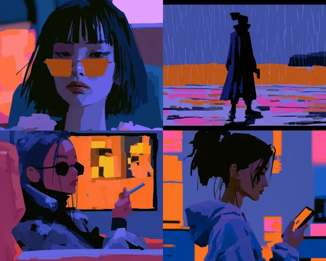 A stylized digital illustration featuring neon-lit urban scenes with futuristic elements and human subjects in a cyberpunk aesthetic.