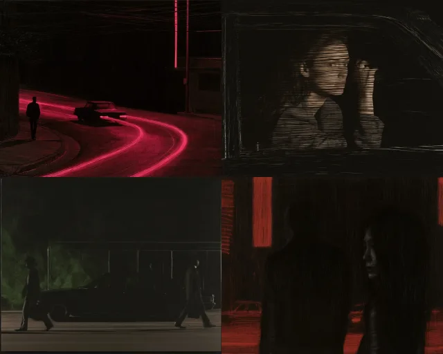 A dark, stylized drawing with neon red light trails and silhouetted figures, featuring portrait-like close-ups and sparse composition against a minimalist background.