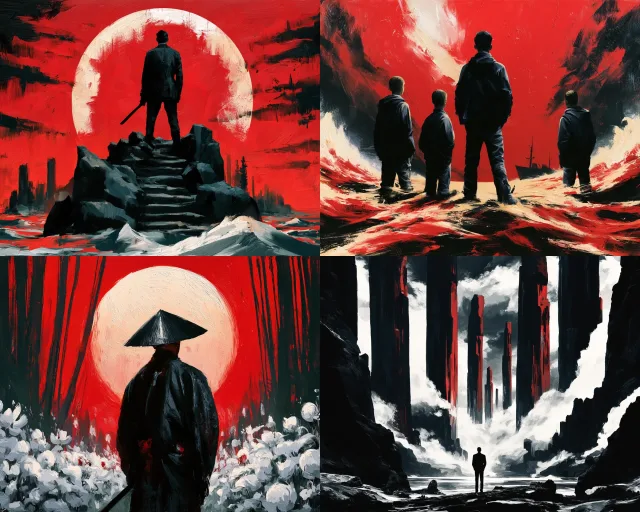 Four panels depict stylized, dreamlike scenes with stark silhouettes against vivid red and black backgrounds, featuring sparse composition and monochromatic tones with selective color accents.