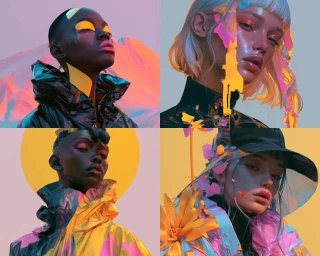 Four stylized portrait panels with glowing neon colors and dreamlike, distorted features.