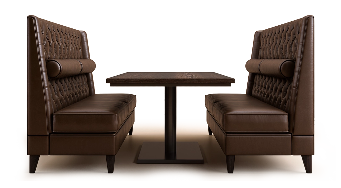 Two dark brown leather restaurant benches facing each other across a wooden table